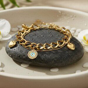 Double Chain 18K Gold Plated Stainless Steel Bracelet with Heart Evil Eye